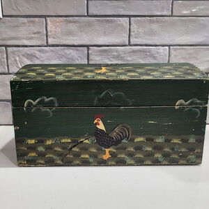 Vintage Hand Painted Folk Art Wooden Box Rooster Farmhouse Primitive Decor